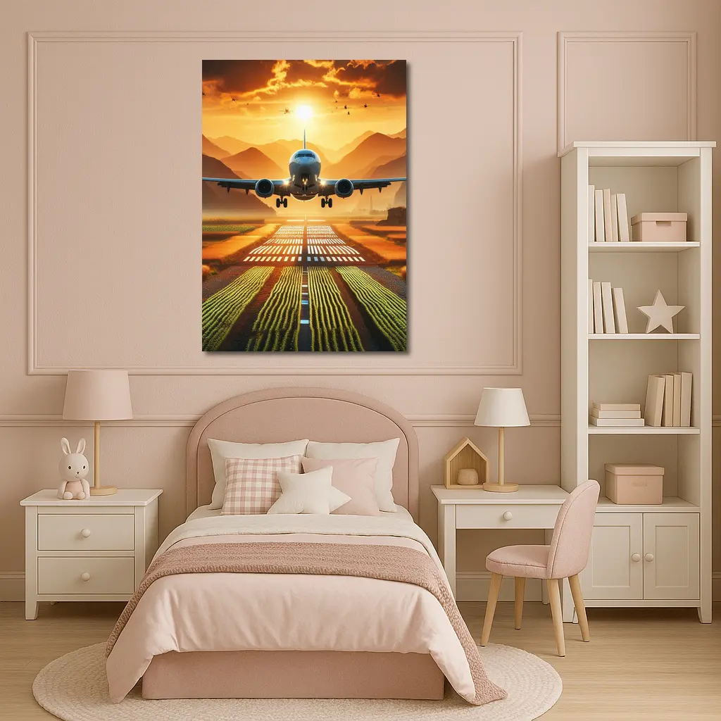 Airplane Taking Off At Golden Sunset – Wall Art