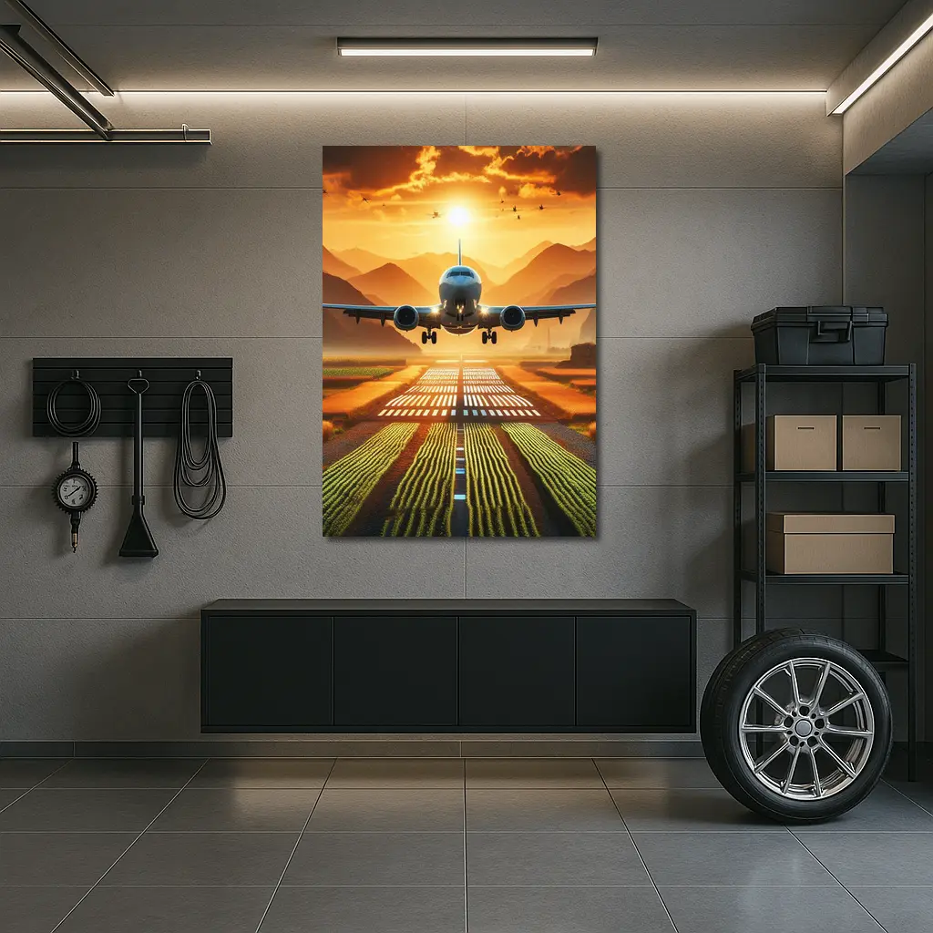 Airplane Taking Off At Golden Sunset – Wall Art