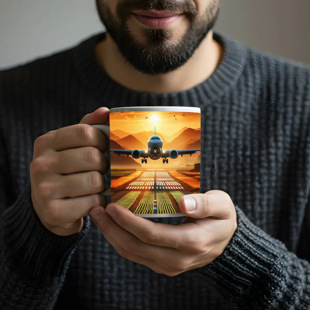 Airplane Taking Off At Golden Sunset – Mugs