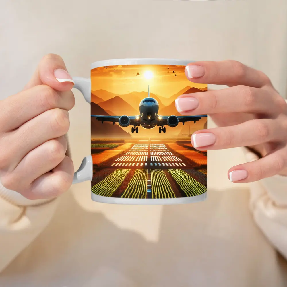 Airplane Taking Off At Golden Sunset – Mugs