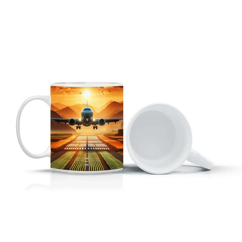 Airplane Taking Off At Golden Sunset – Mugs