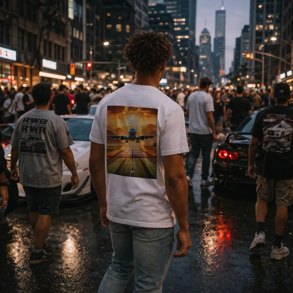 Airplane Taking Off At Golden Sunset – T-Shirts