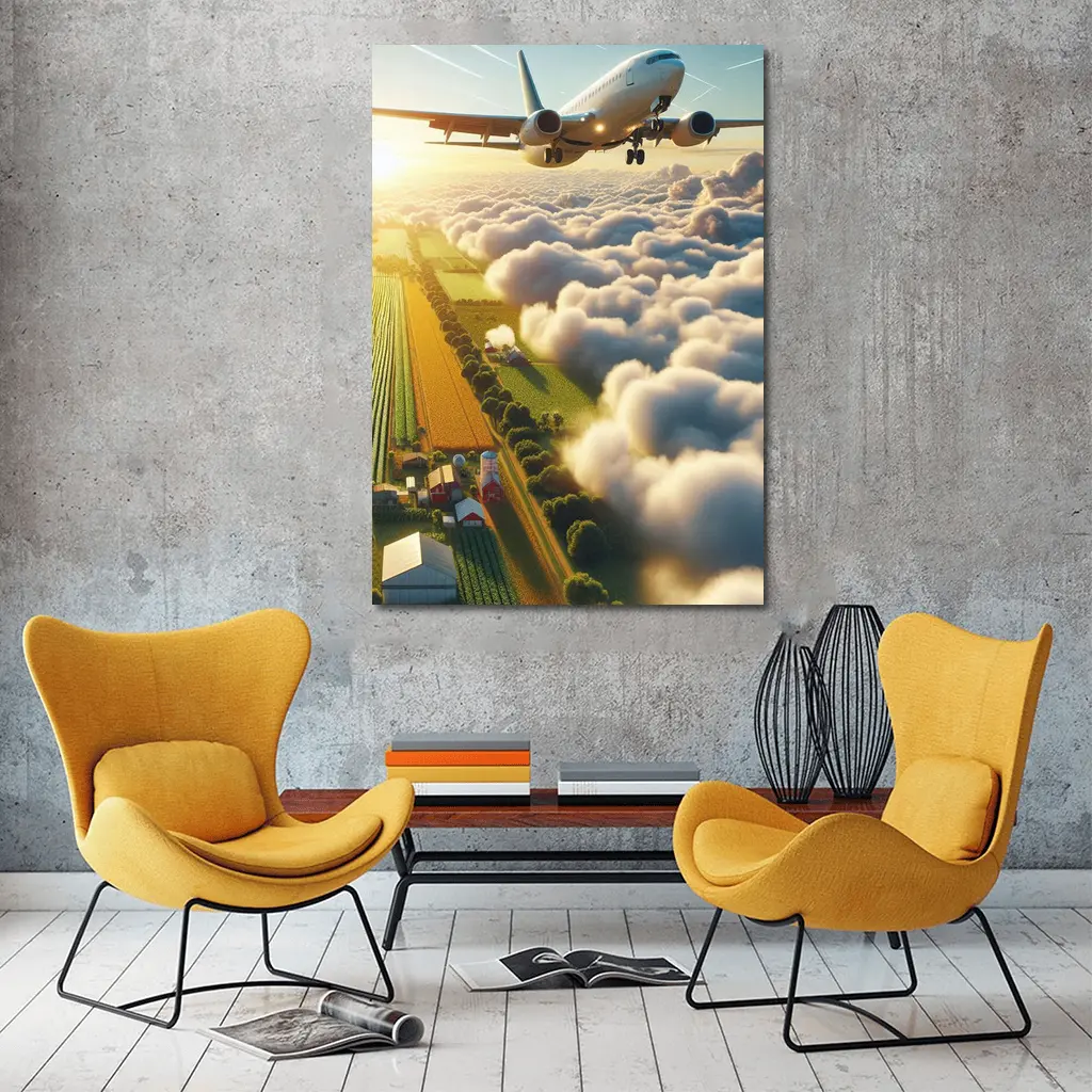 Commercial Airplane Flying Over Farmland Clouds – Wall Art