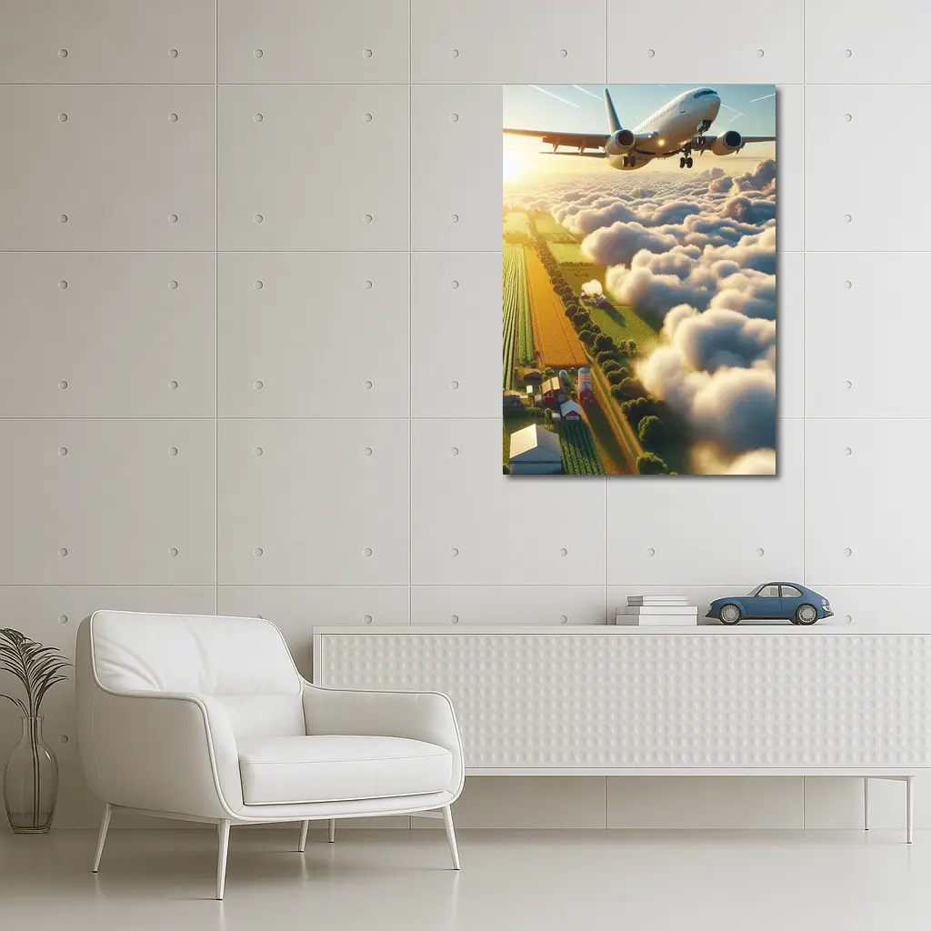 Commercial Airplane Flying Over Farmland Clouds – Wall Art