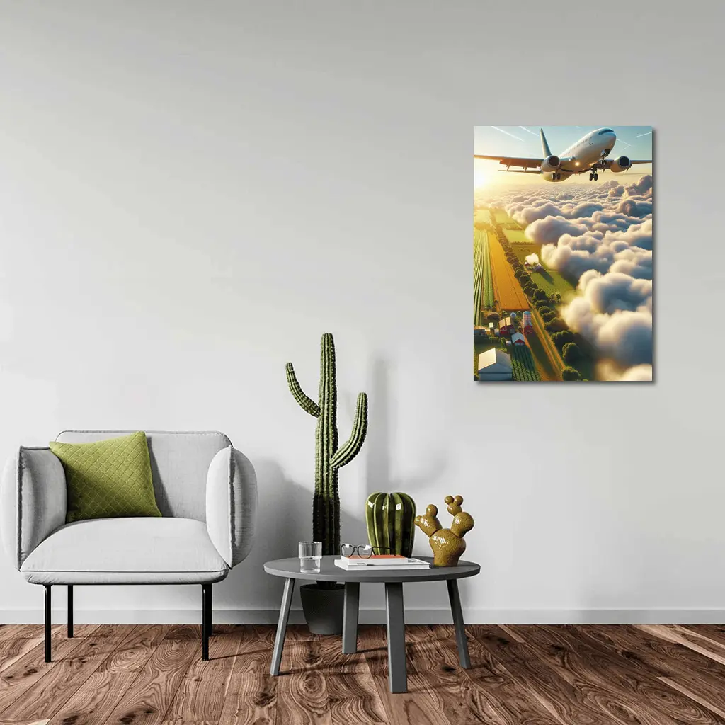 Commercial Airplane Flying Over Farmland Clouds – Wall Art