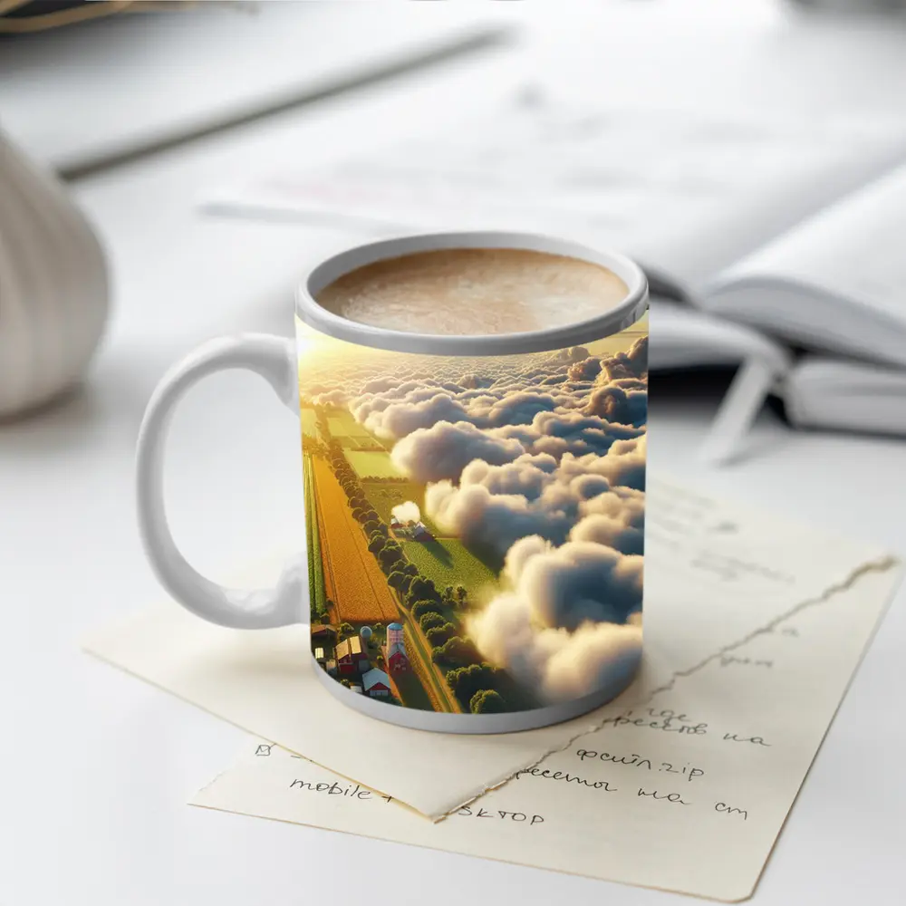 Commercial Airplane Flying Over Farmland Clouds – Mugs