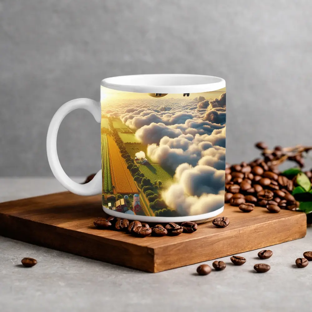 Commercial Airplane Flying Over Farmland Clouds – Mugs