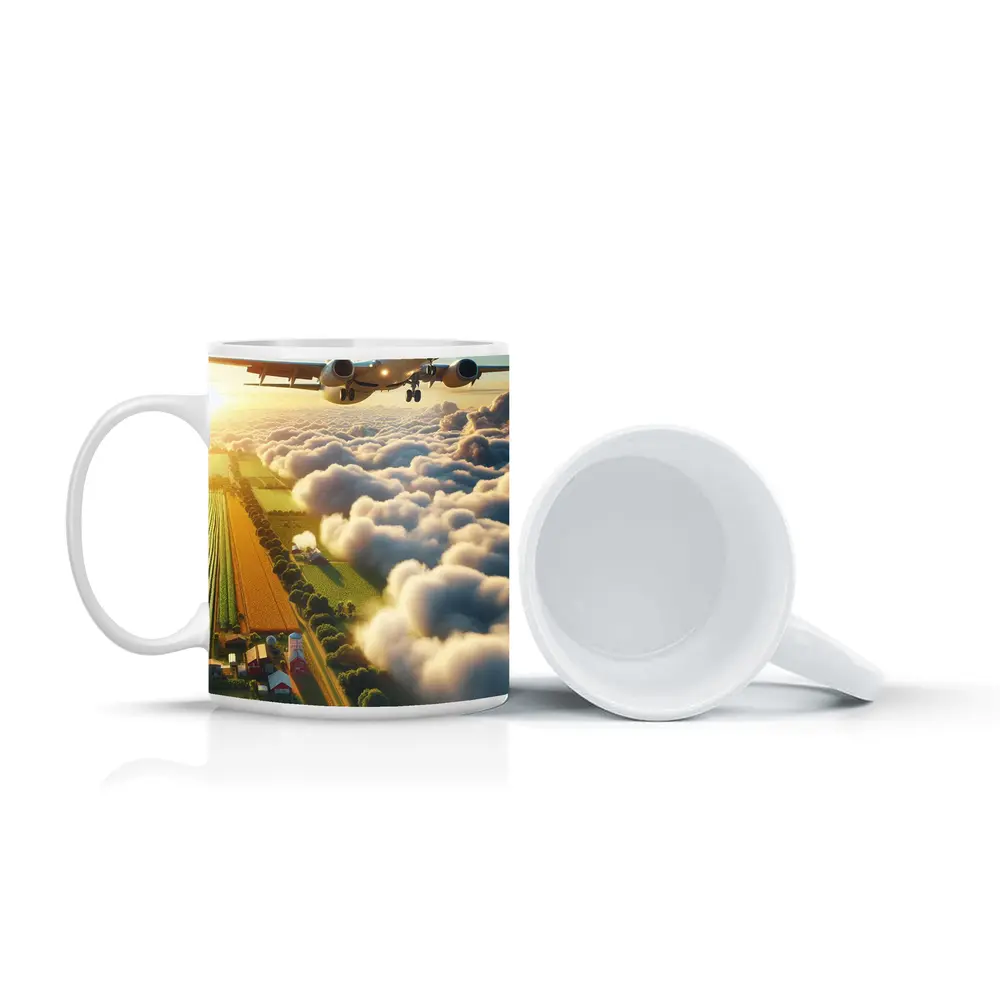 Commercial Airplane Flying Over Farmland Clouds – Mugs