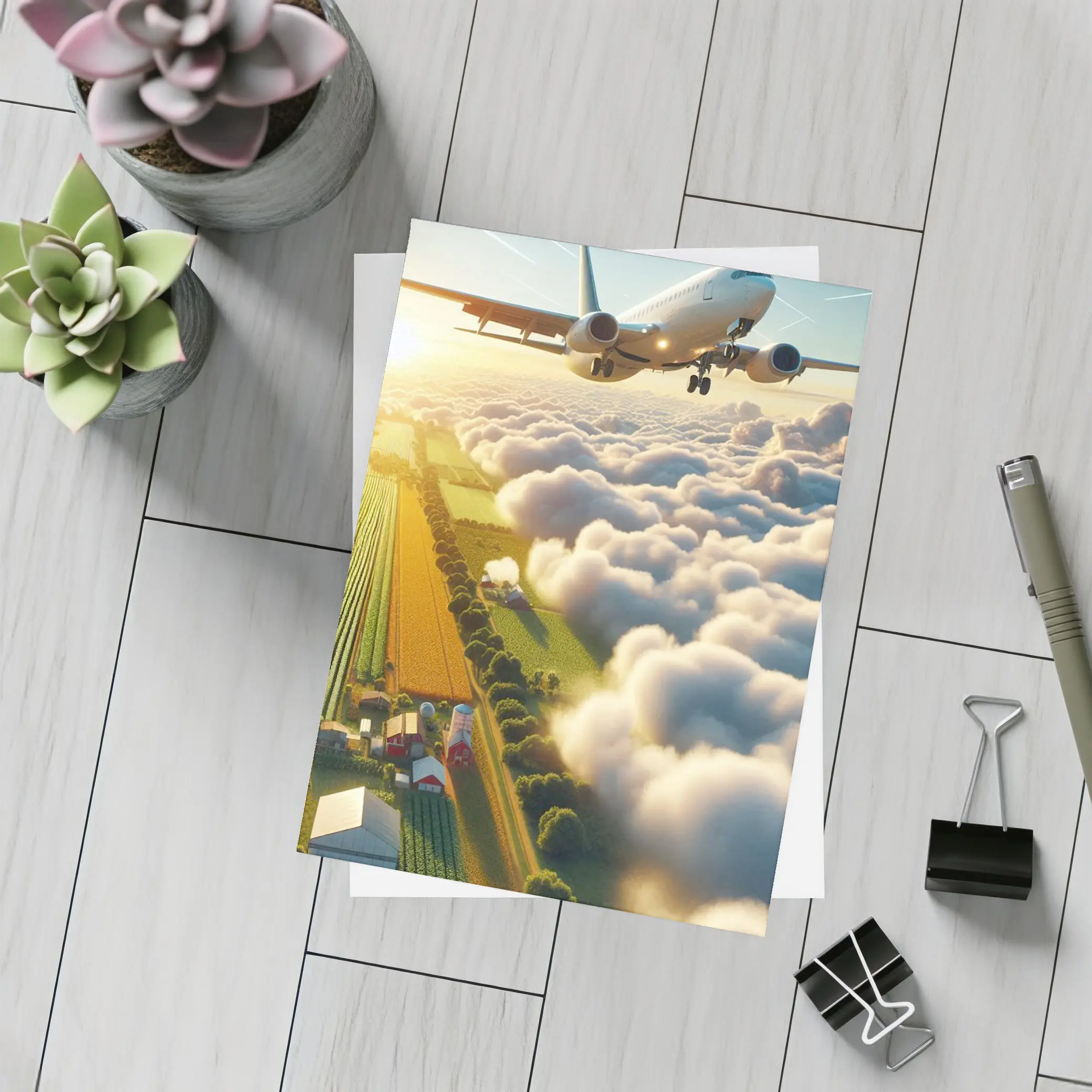 Commercial Airplane Flying Over Farmland Clouds – Postcards