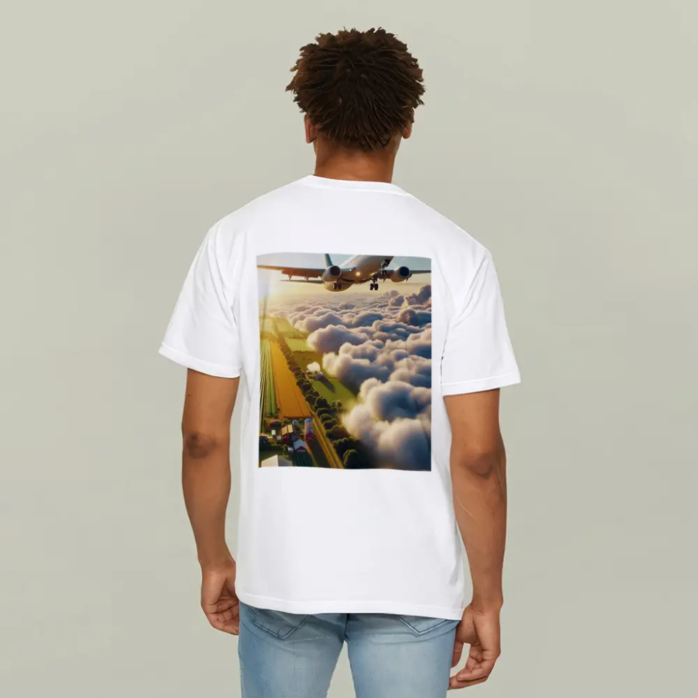 Commercial Airplane Flying Over Farmland Clouds – T-Shirts