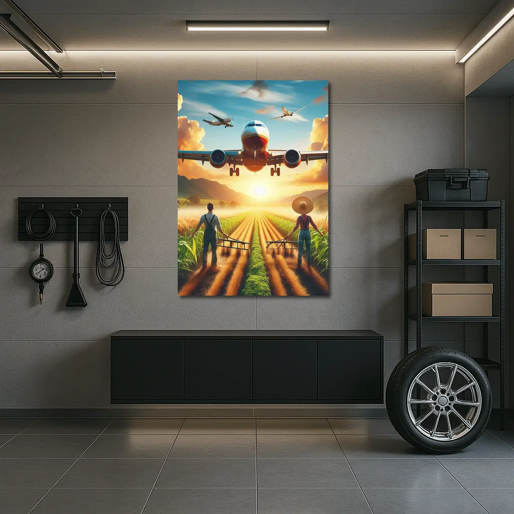 Airplane Flying Over Sunny Farm Fields – Wall Art