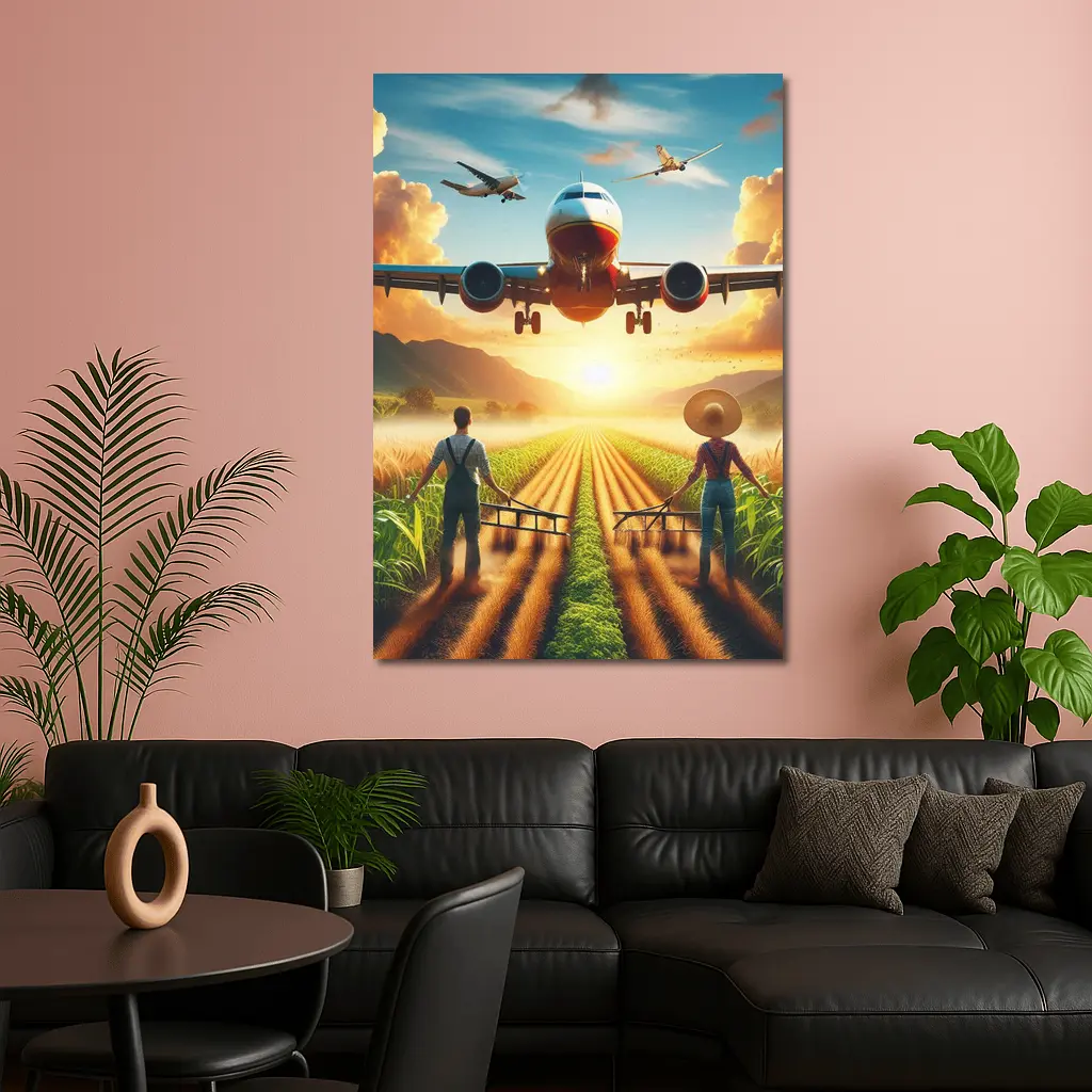 Airplane Flying Over Sunny Farm Fields – Wall Art