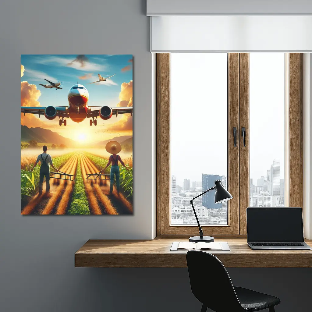 Airplane Flying Over Sunny Farm Fields – Wall Art