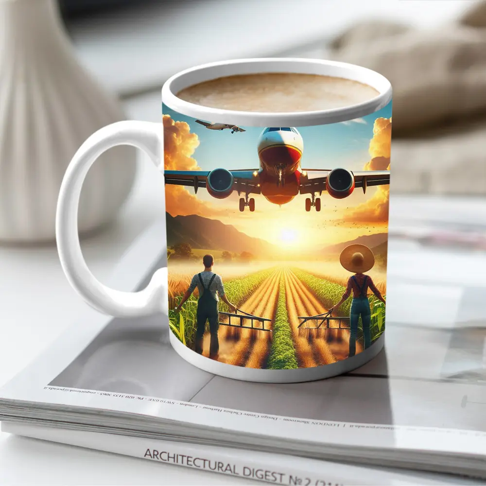 Airplane Flying Over Sunny Farm Fields – Mugs