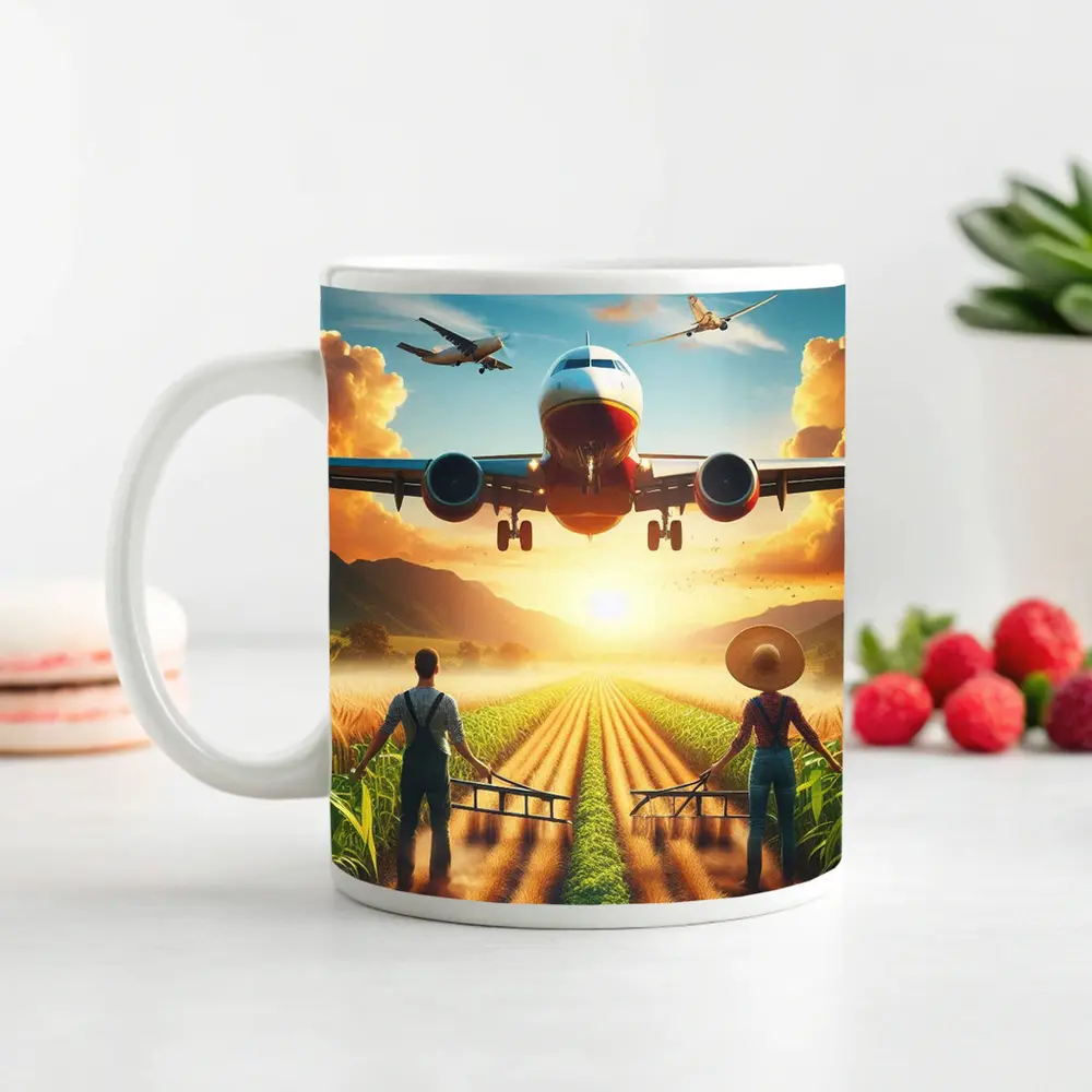 Airplane Flying Over Sunny Farm Fields – Mugs
