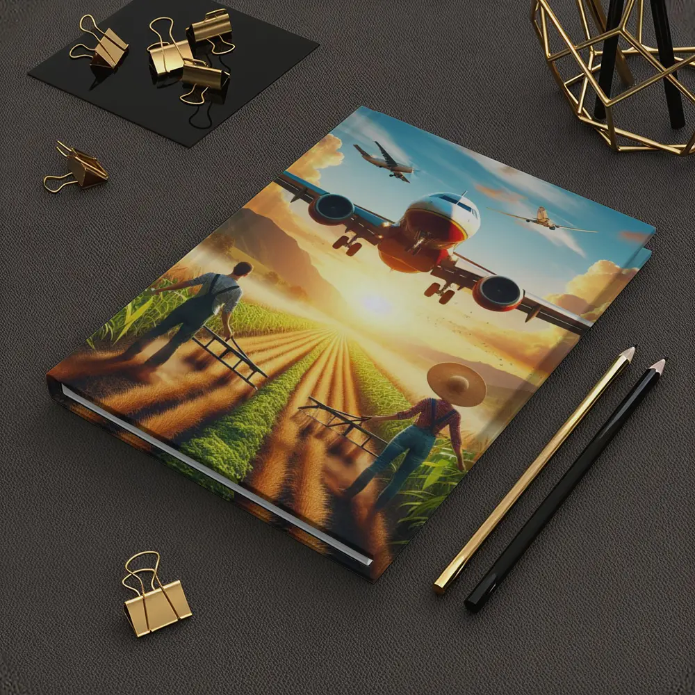 Airplane Flying Over Sunny Farm Fields – Notebooks