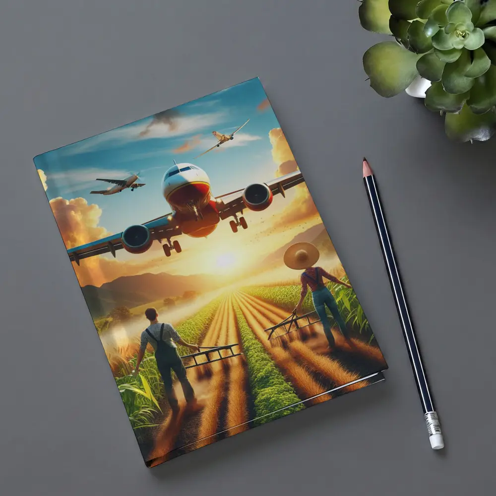 Airplane Flying Over Sunny Farm Fields – Notebooks