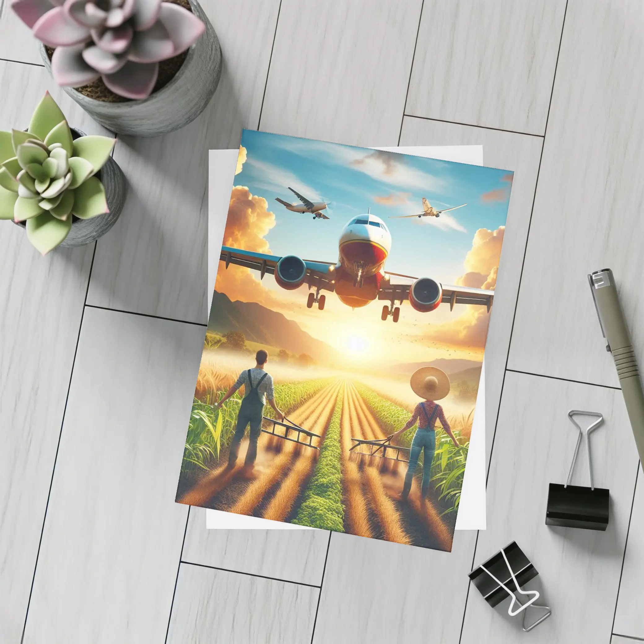 Airplane Flying Over Sunny Farm Fields – Postcards