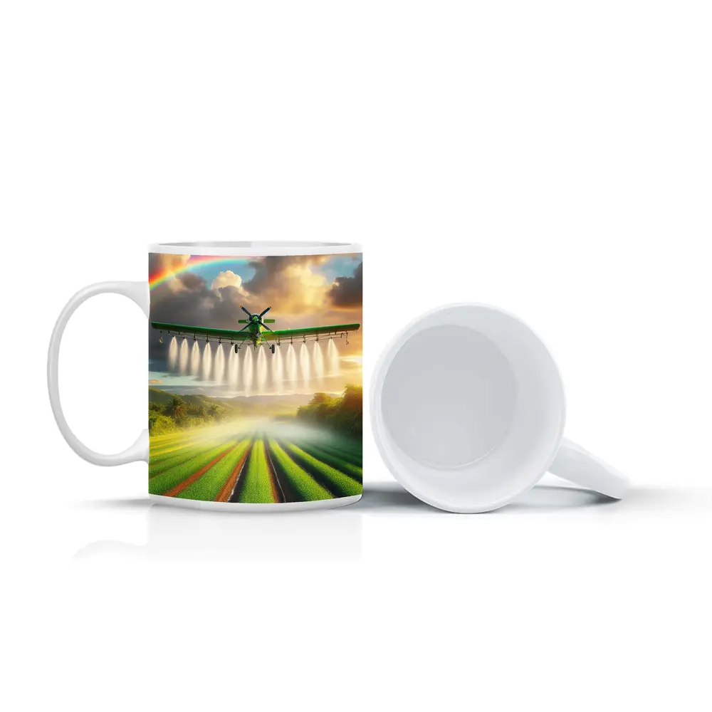 Crop Duster Plane Over Green Farm Fields – Mugs