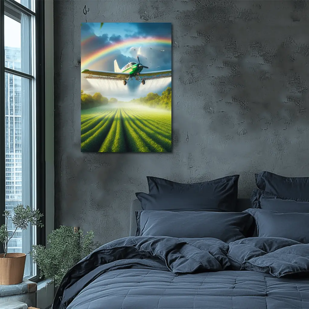 Crop Duster Airplane Flying Over Green Fields – Wall Art