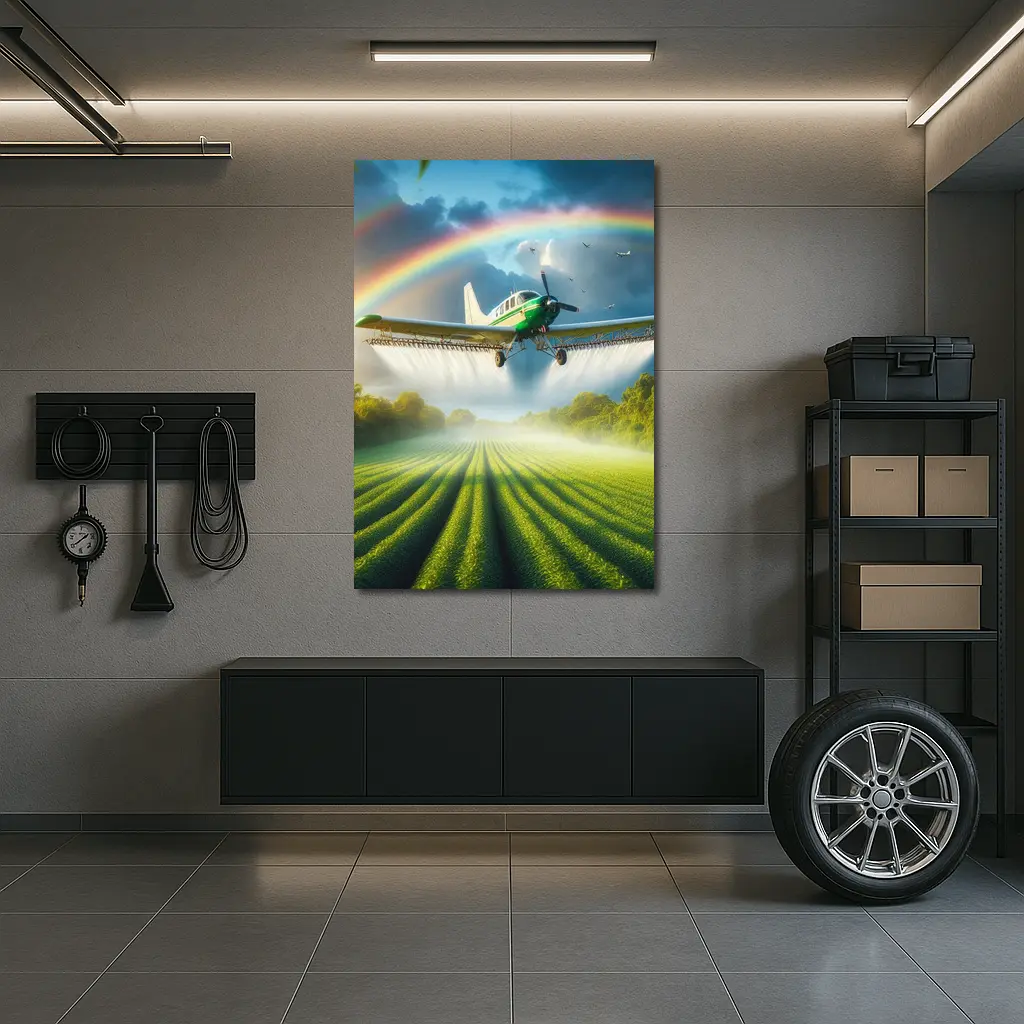 Crop Duster Airplane Flying Over Green Fields – Wall Art