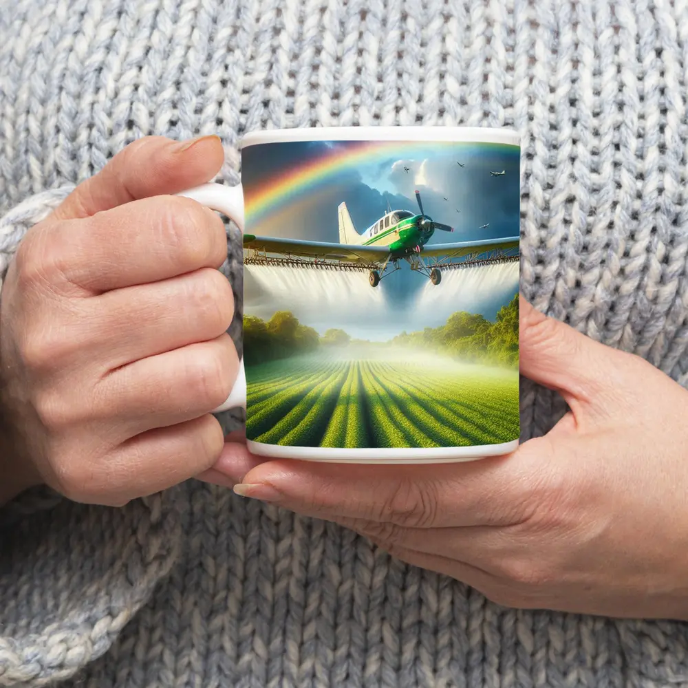 Crop Duster Airplane Flying Over Green Fields – Mugs