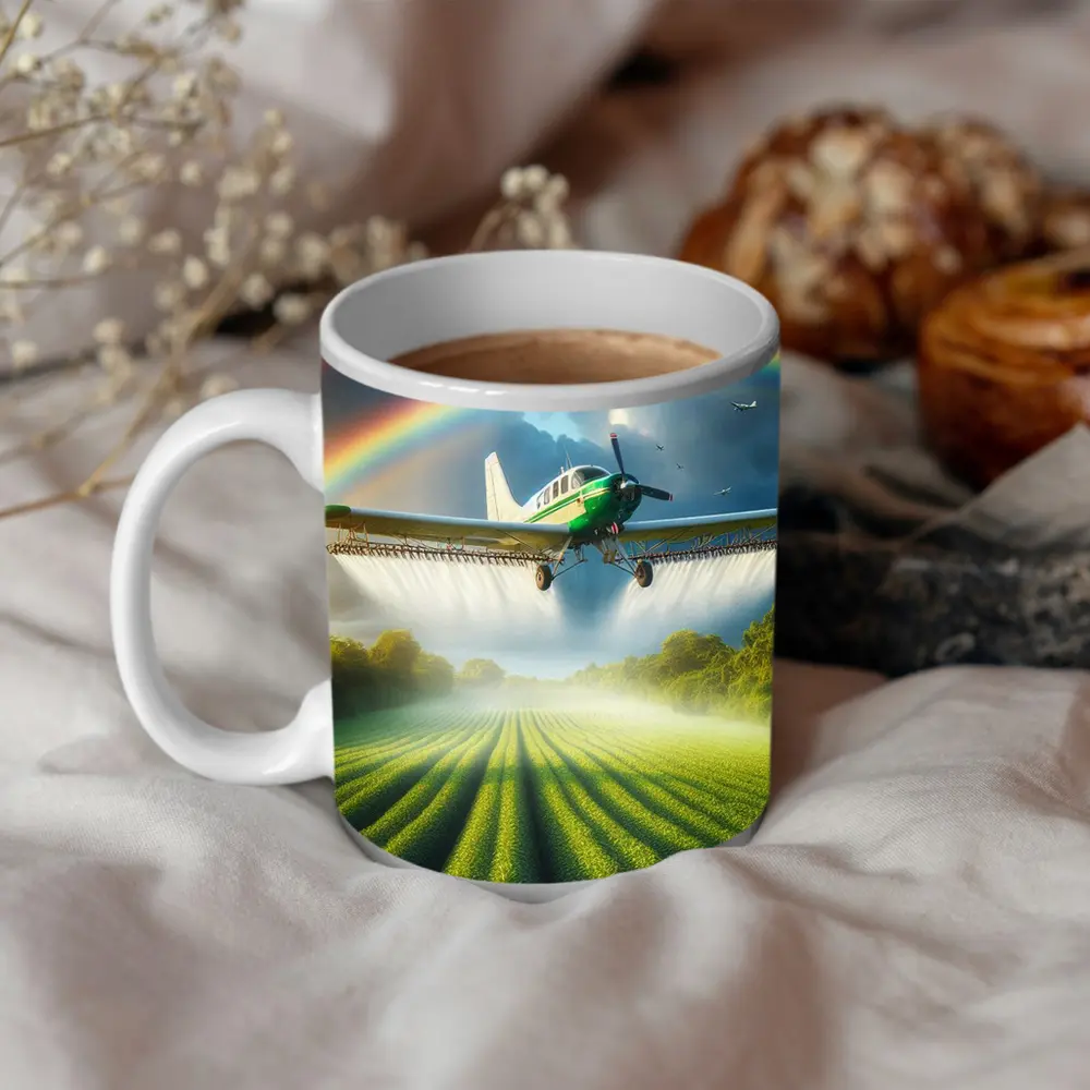 Crop Duster Airplane Flying Over Green Fields – Mugs