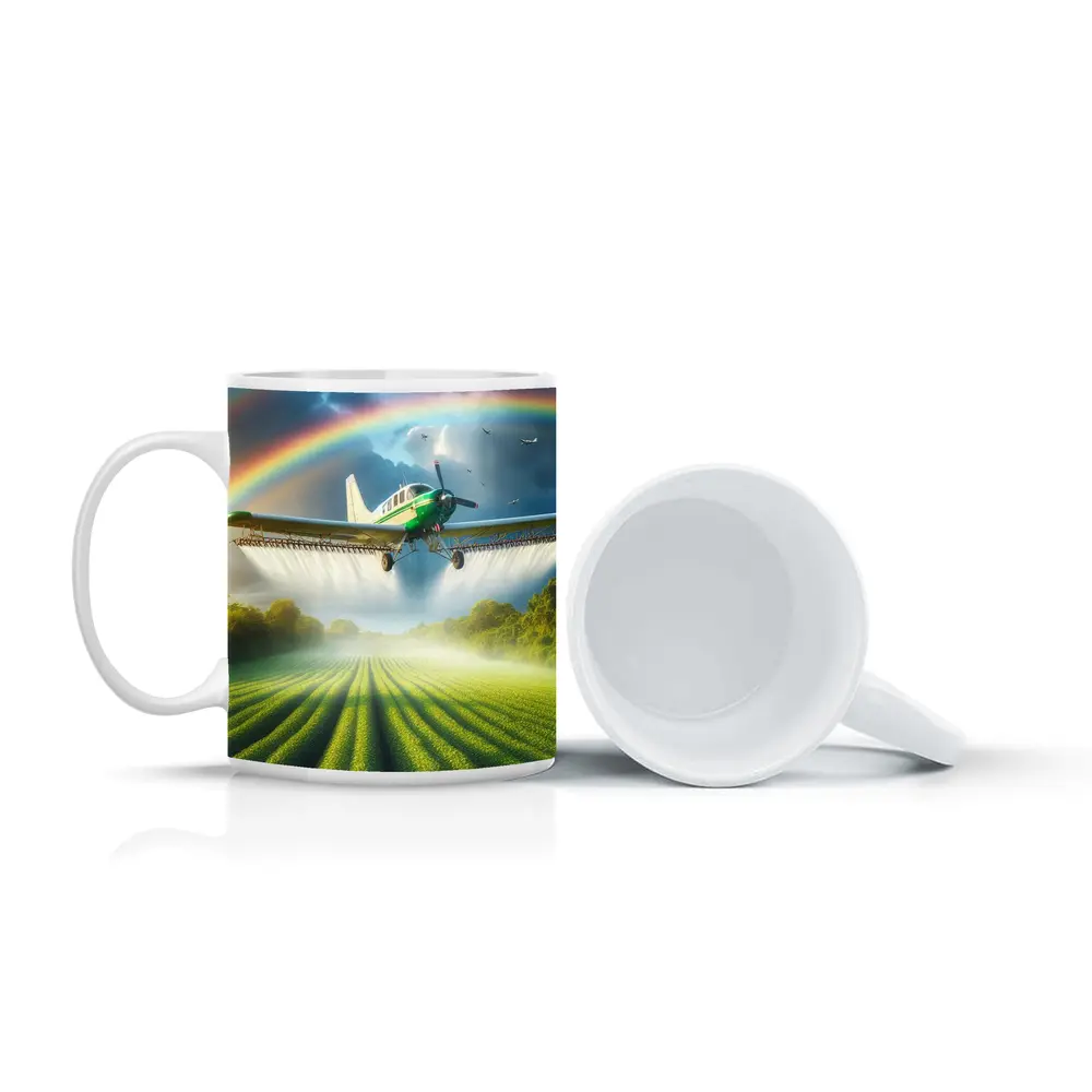 Crop Duster Airplane Flying Over Green Fields – Mugs