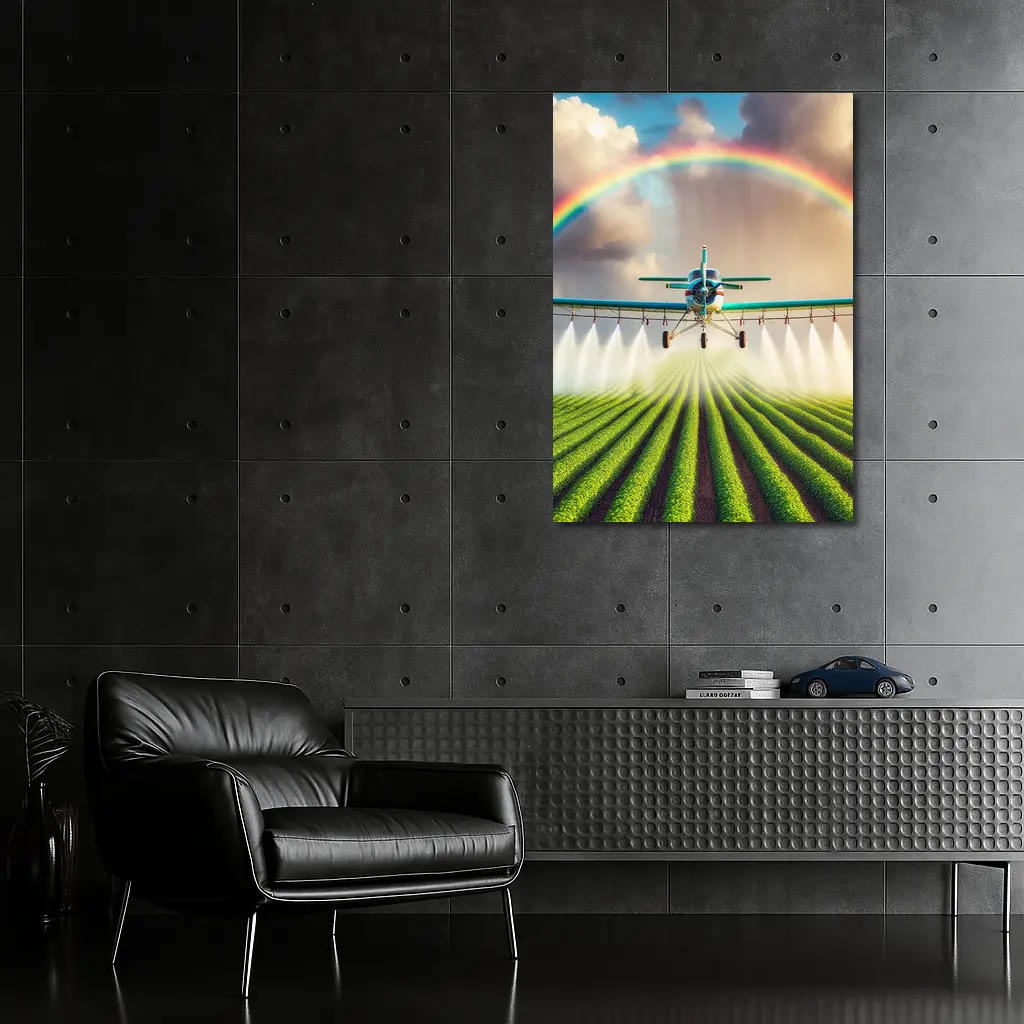 Crop Duster Plane Spraying Green Farm Rainbow – Wall Art