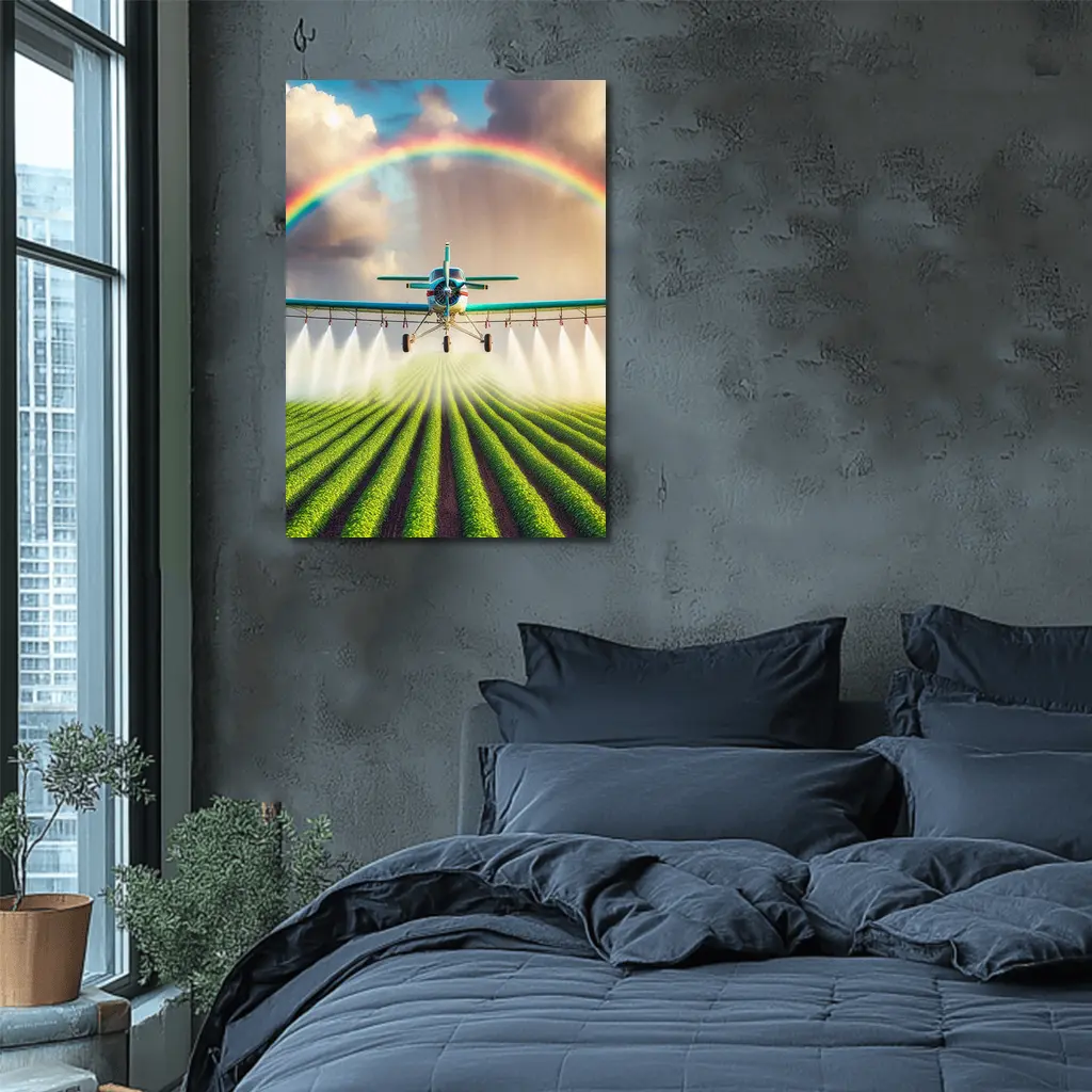 Crop Duster Plane Spraying Green Farm Rainbow – Wall Art