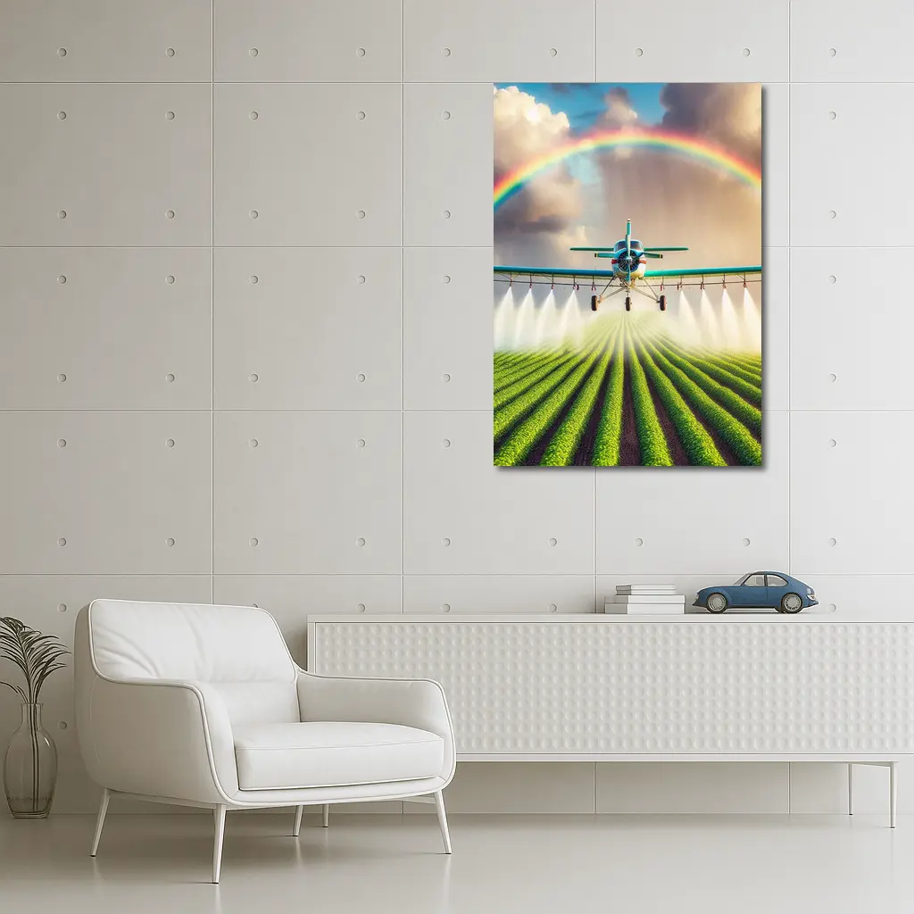 Crop Duster Plane Spraying Green Farm Rainbow – Wall Art