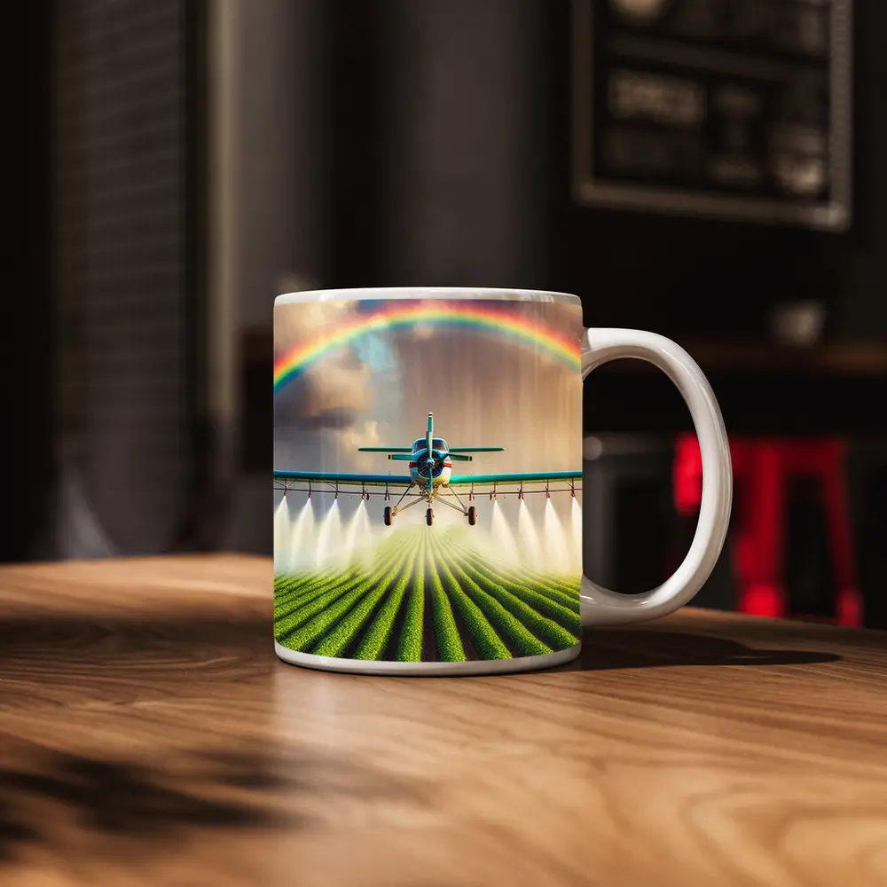 Crop Duster Plane Spraying Green Farm Rainbow – Mugs