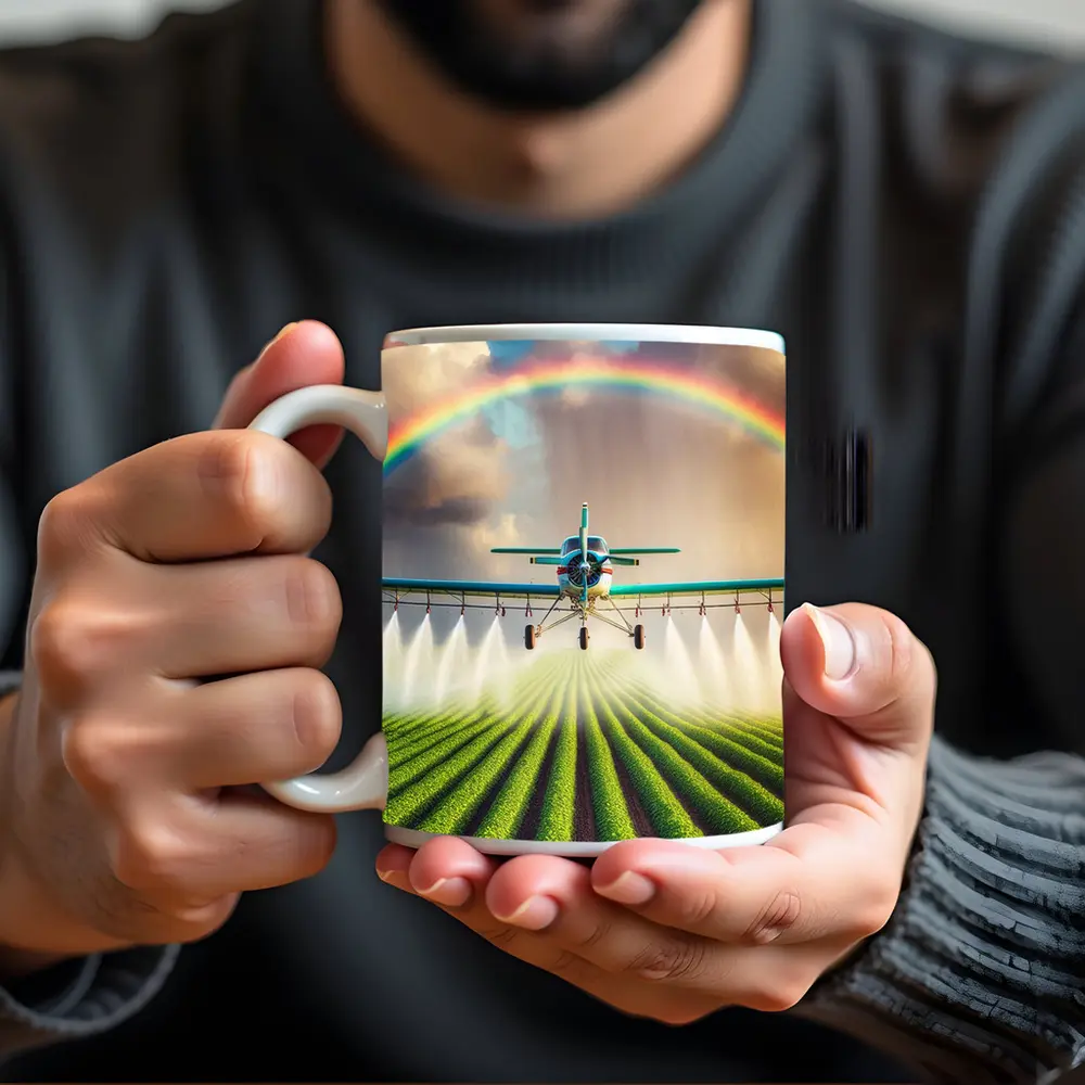 Crop Duster Plane Spraying Green Farm Rainbow – Mugs