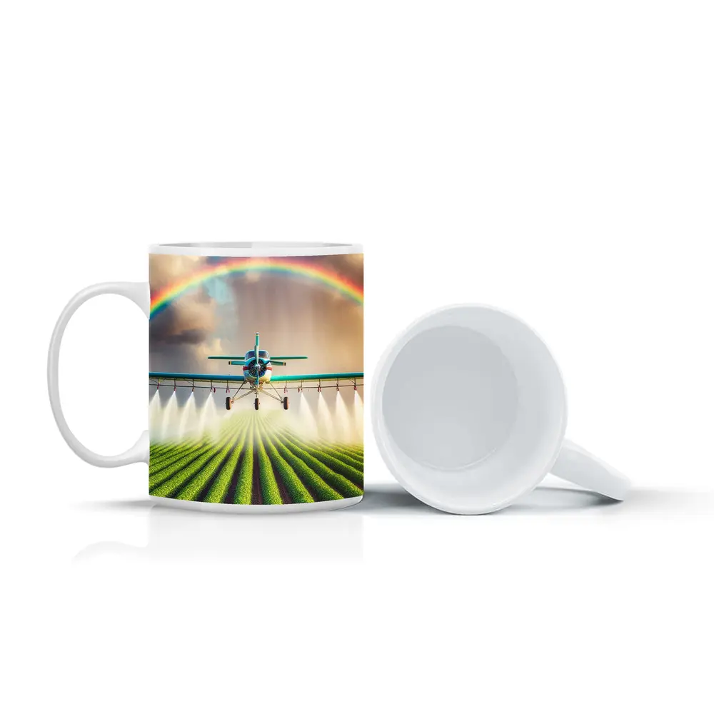 Crop Duster Plane Spraying Green Farm Rainbow – Mugs