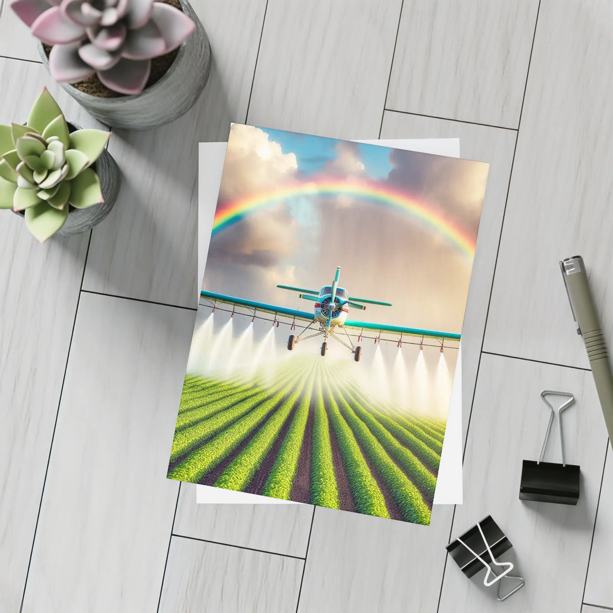 Crop Duster Plane Spraying Green Farm Rainbow – Postcards