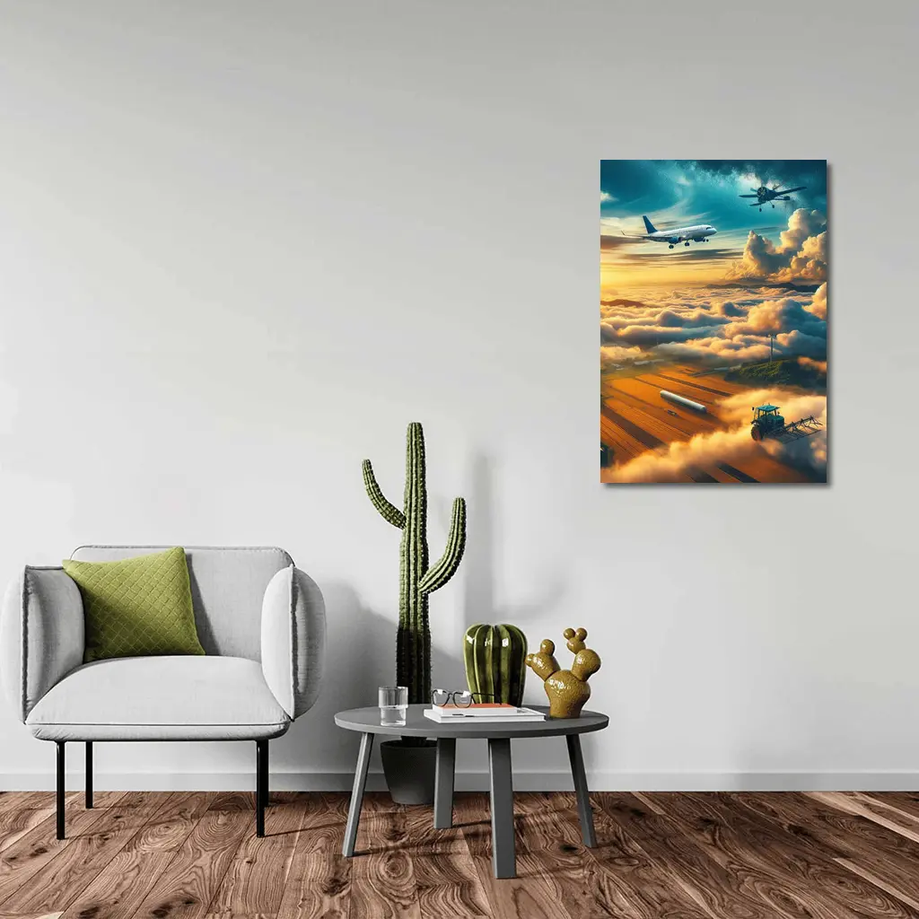 Airplanes Flying Over Golden Sunset Farmlands – Wall Art