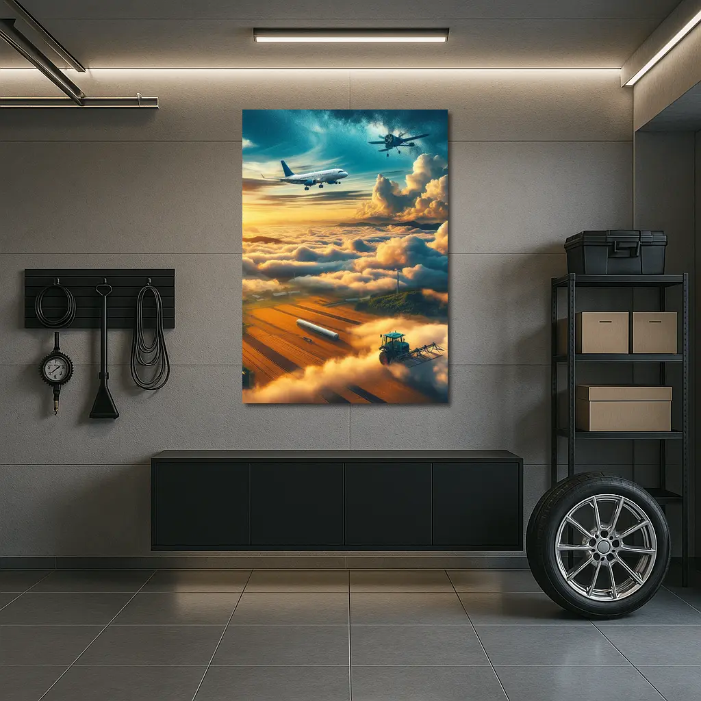 Airplanes Flying Over Golden Sunset Farmlands – Wall Art