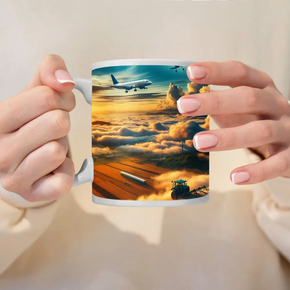 Airplanes Flying Over Golden Sunset Farmlands – Mugs