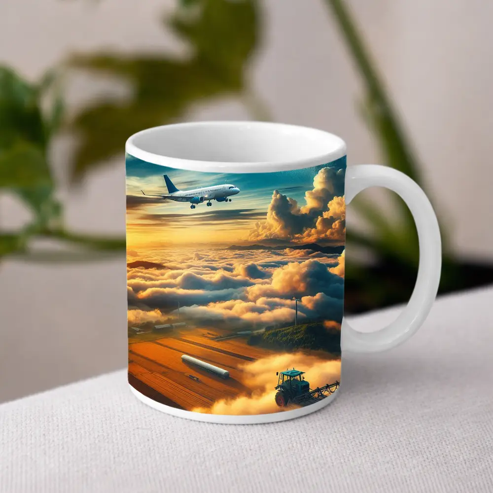 Airplanes Flying Over Golden Sunset Farmlands – Mugs