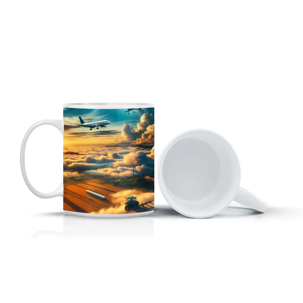 Airplanes Flying Over Golden Sunset Farmlands – Mugs
