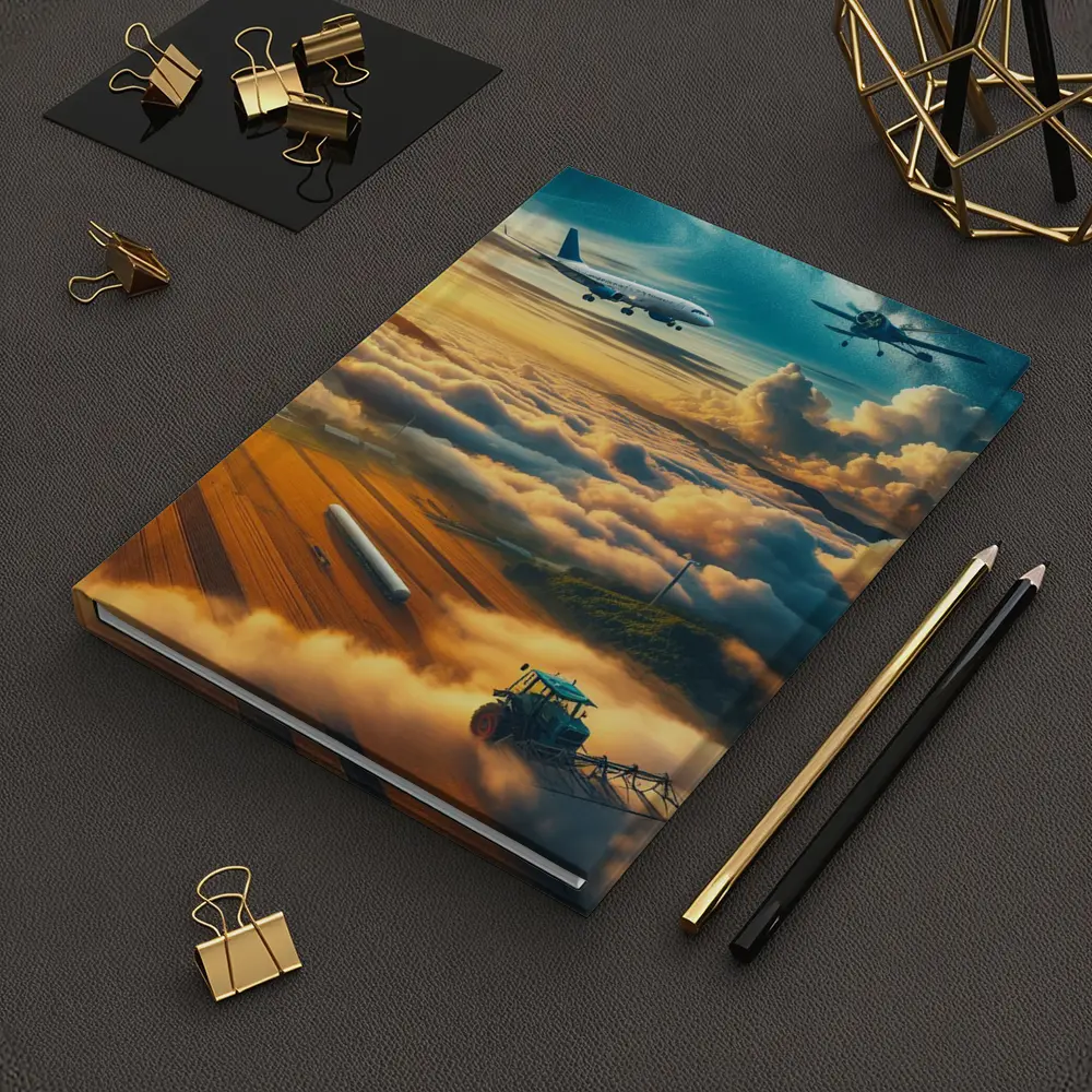 Airplanes Flying Over Golden Sunset Farmlands – Notebooks