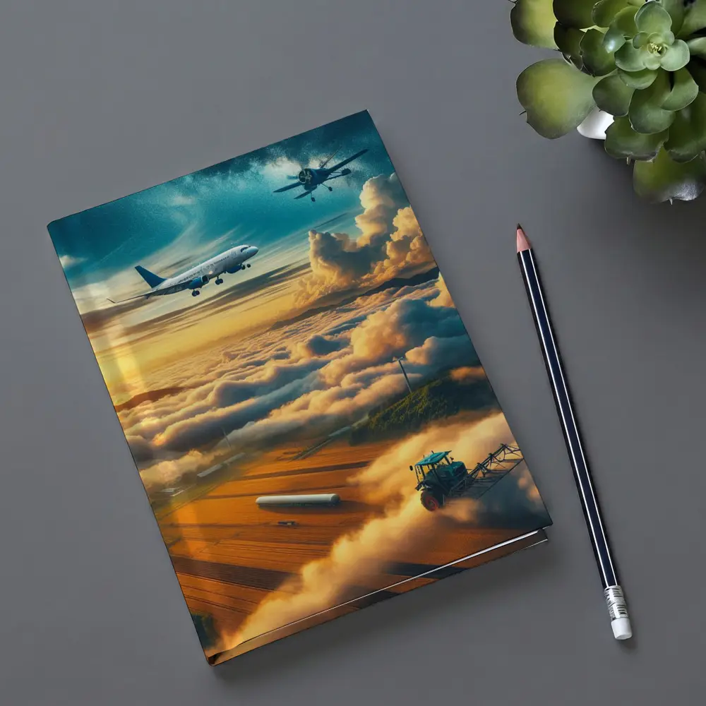 Airplanes Flying Over Golden Sunset Farmlands – Notebooks