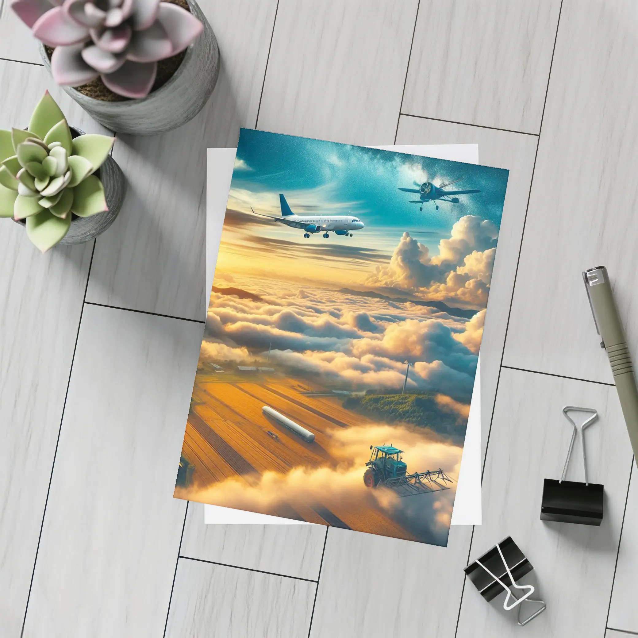 Airplanes Flying Over Golden Sunset Farmlands – Postcards