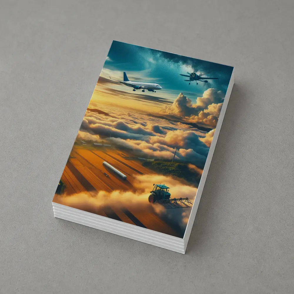 Airplanes Flying Over Golden Sunset Farmlands – Postcards