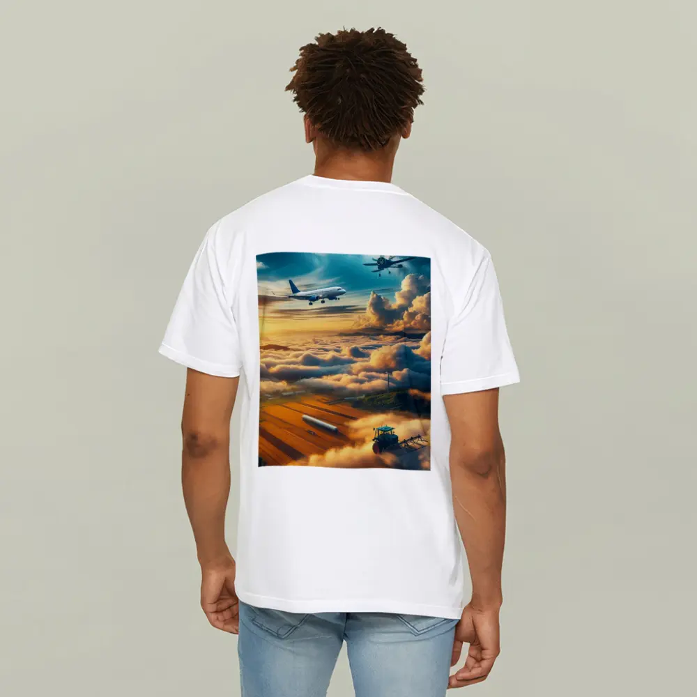 Airplanes Flying Over Golden Sunset Farmlands – T-Shirts