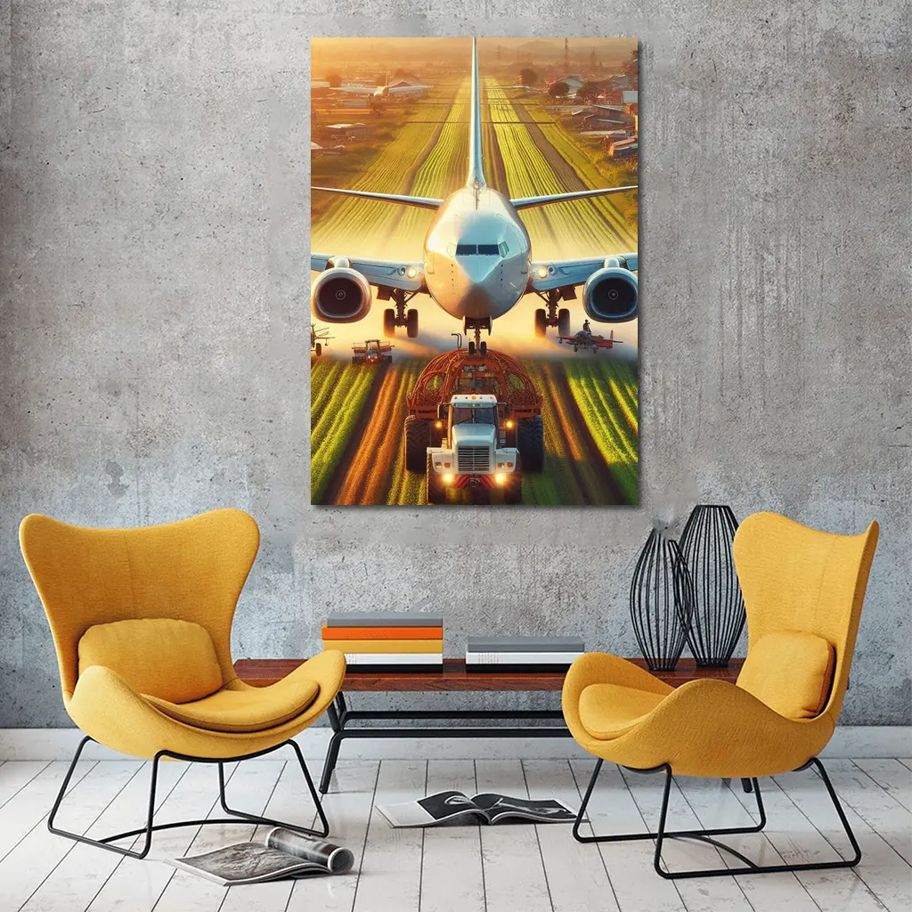 Airplane And Tractor On Rural Runway – Wall Art