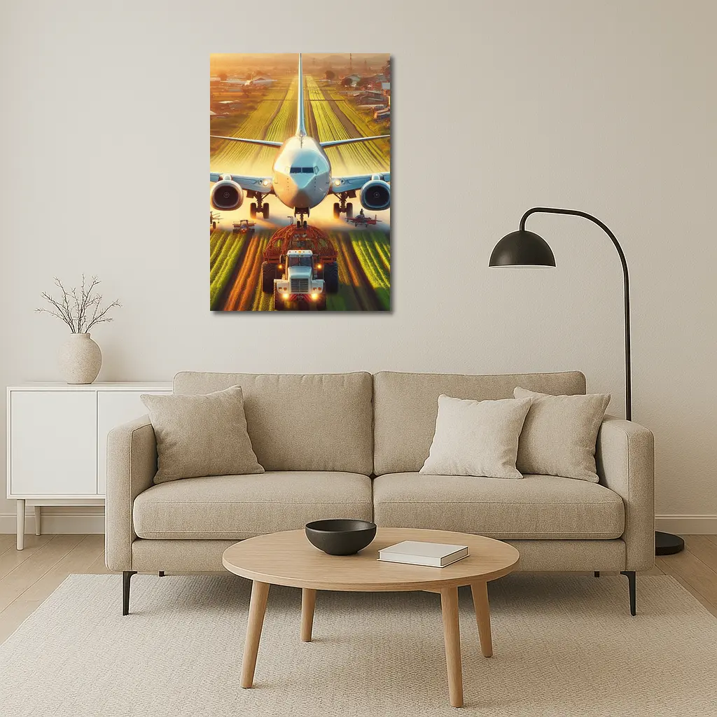 Airplane And Tractor On Rural Runway – Wall Art