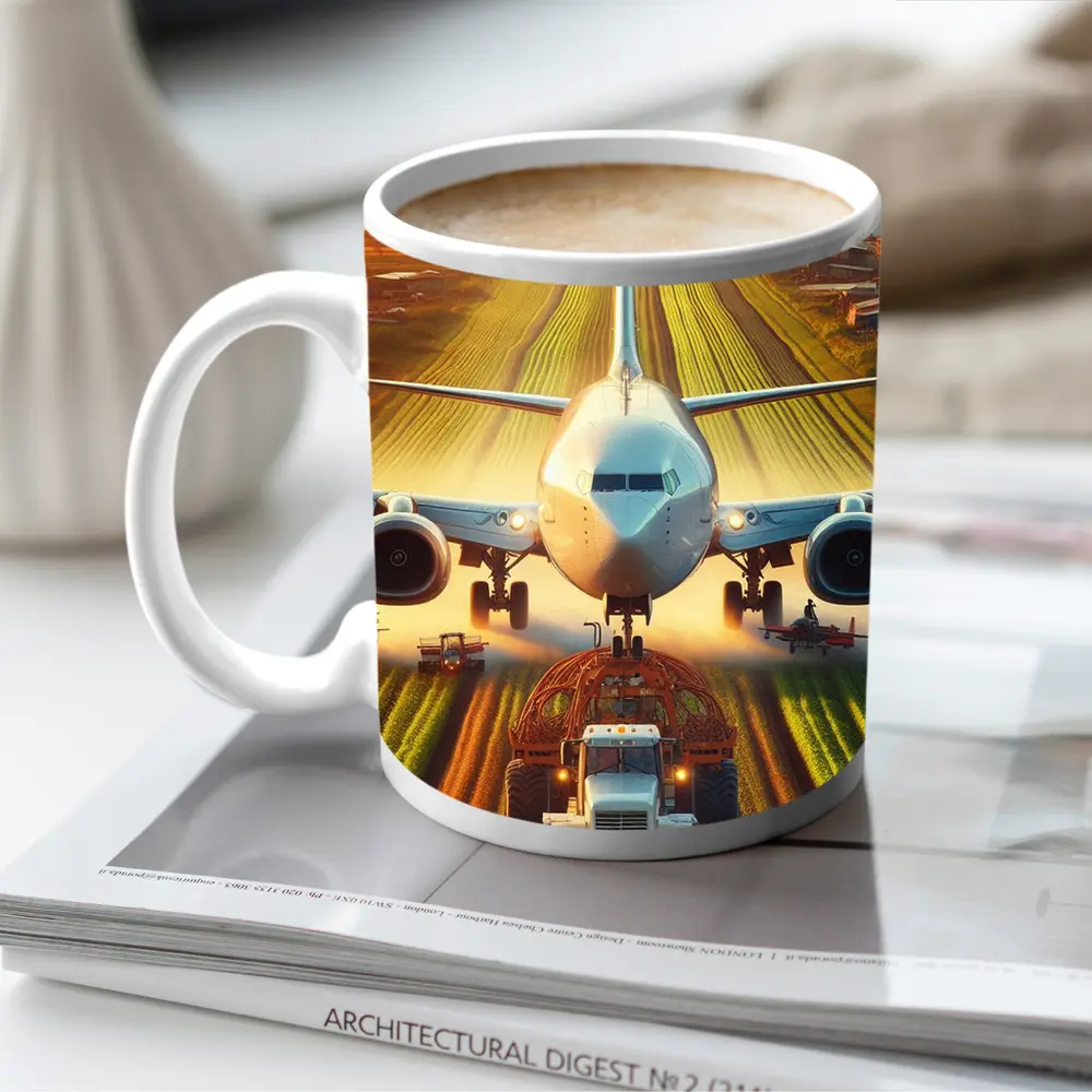 Airplane And Tractor On Rural Runway – Mugs