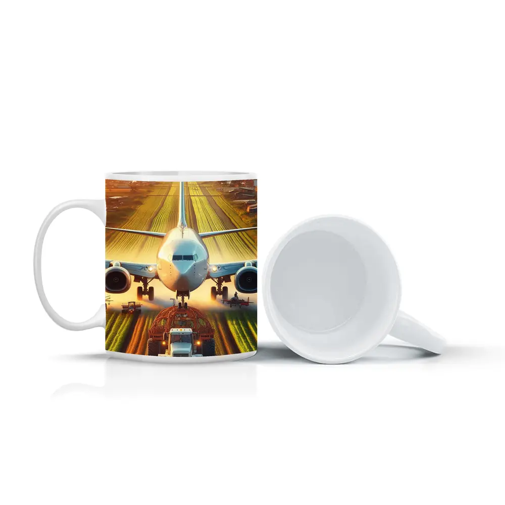 Airplane And Tractor On Rural Runway – Mugs