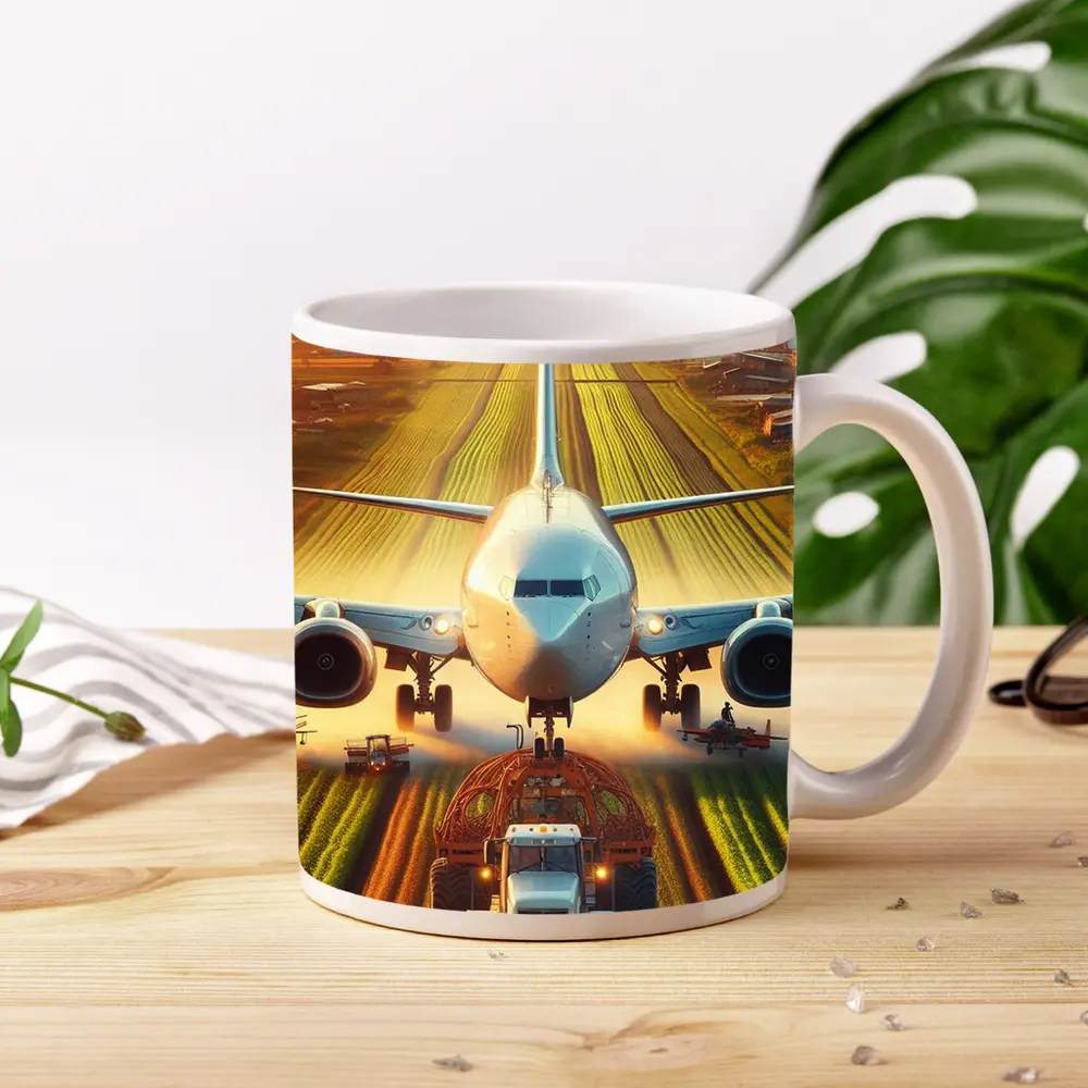 Airplane And Tractor On Rural Runway – Mugs